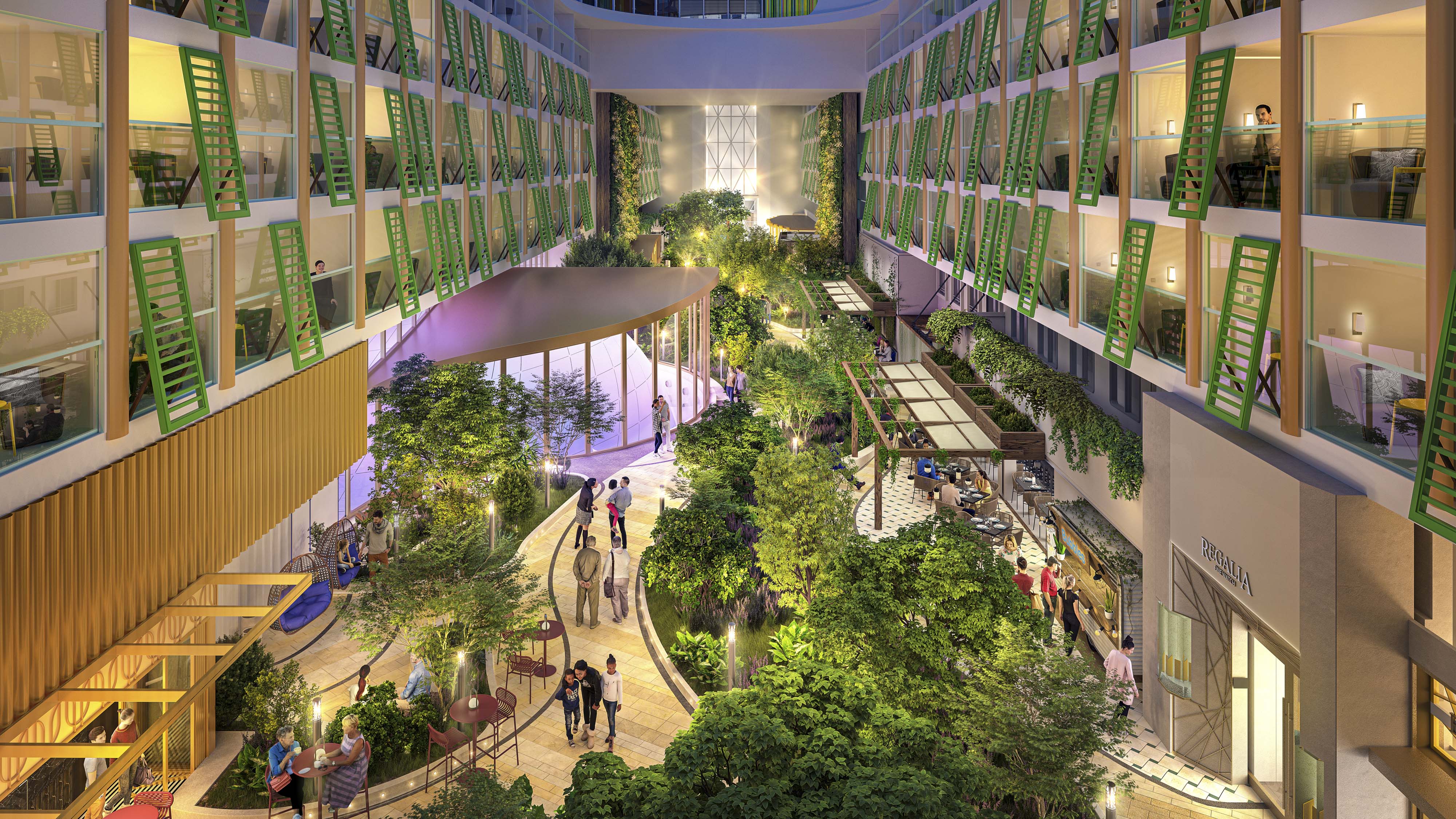 Skipet har sitt eget frodige, grønne sted ombord, med tusenvis av ekte planter, servering og levende musikk