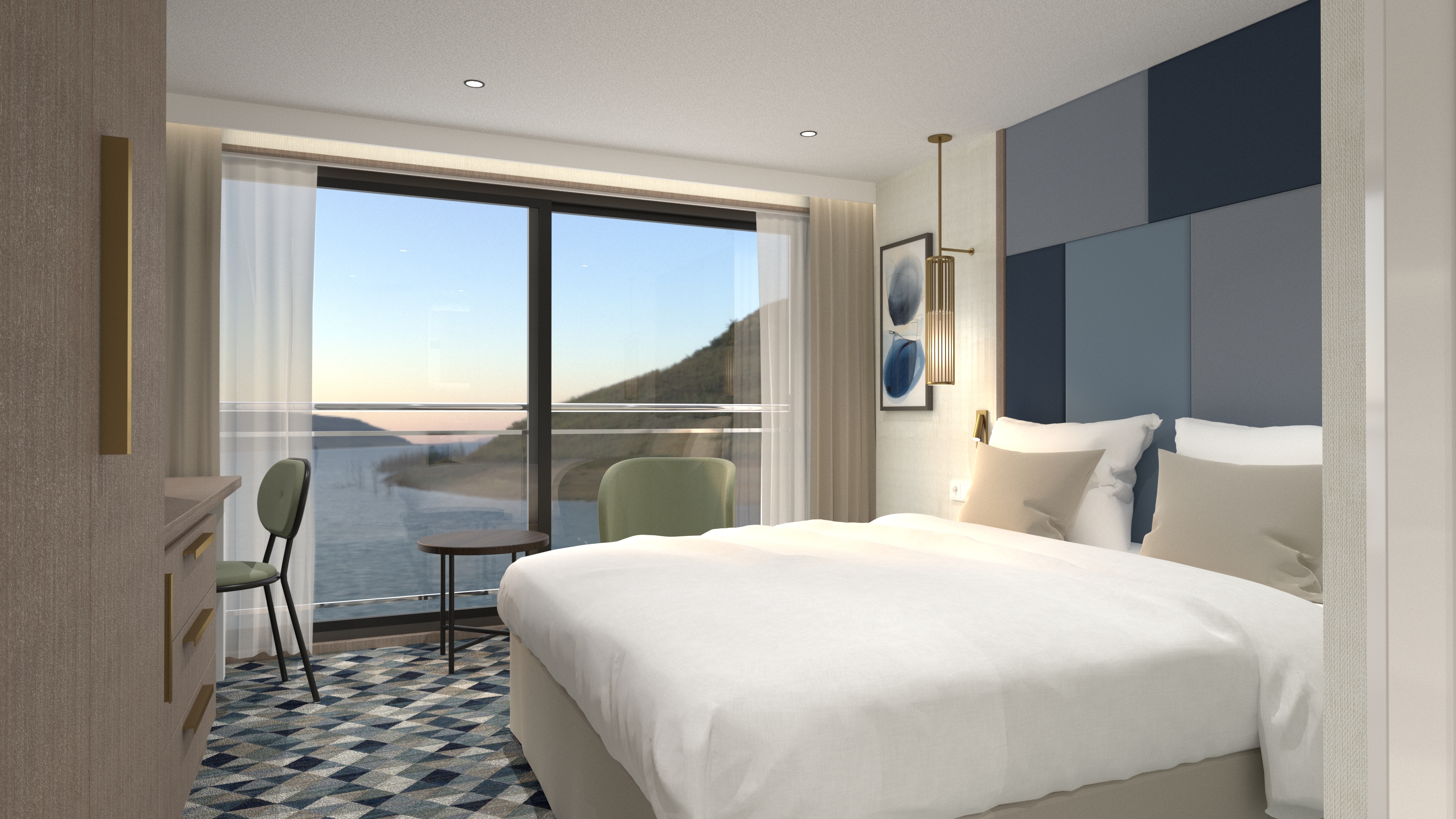 Alle hyttene har utvendige posisjoner som tilbyr spektakulær utsikt over de sjarmerende severdighetene langs elvebredden.