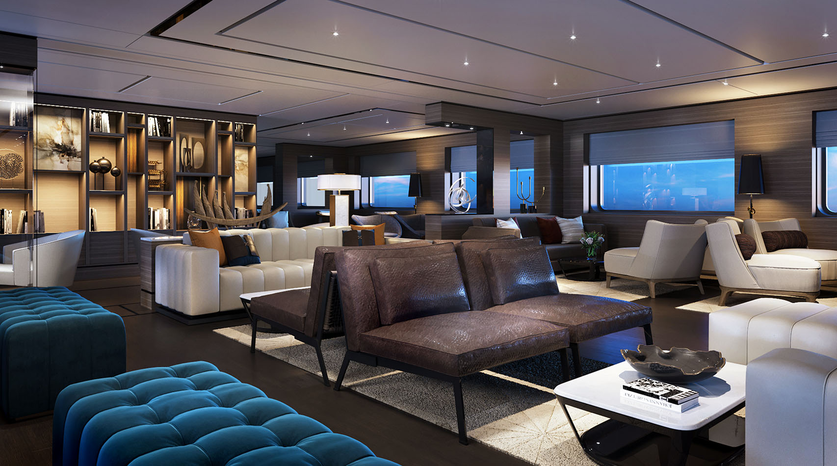 The Living Room - diffused lighting transforms the space into a cocktail lounge with piano bar