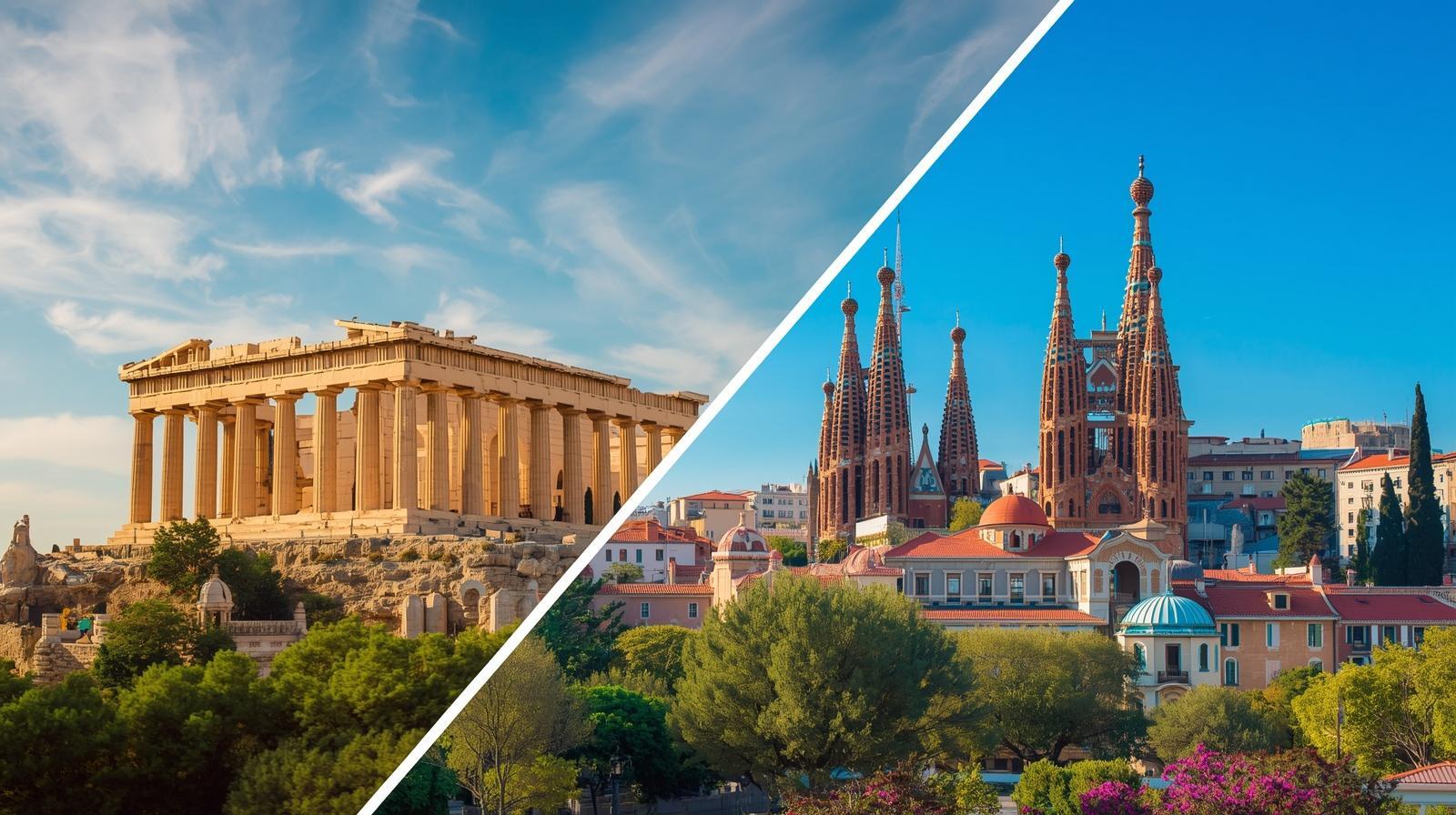 Barcelona og Aten delt bilde med kjente landemerker fra begge byer