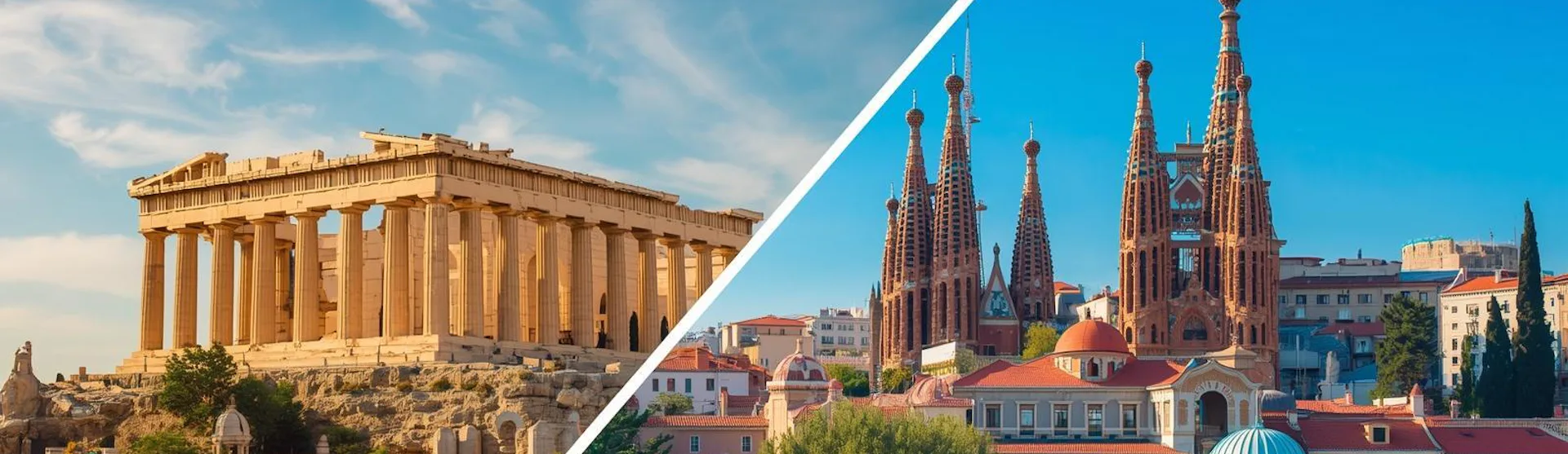 Barcelona og Aten delt bilde med kjente landemerker fra begge byer
